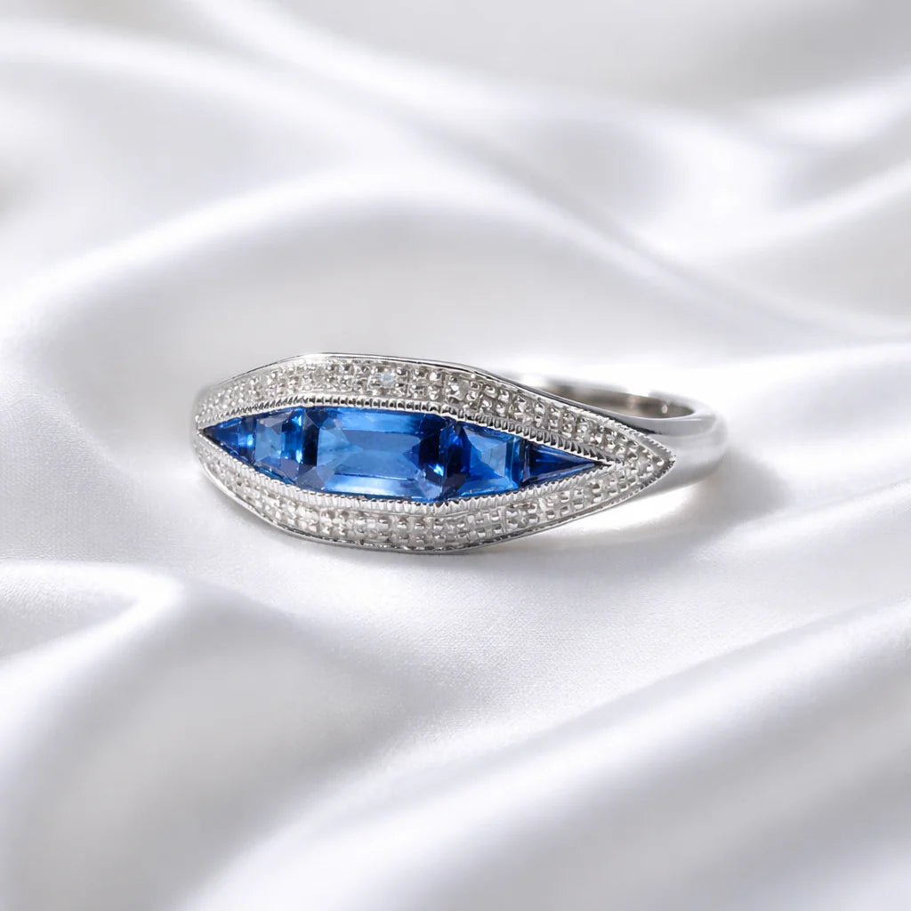 Art Deco Reproduction Madagascar Blue Sapphire and Diamond 9ct White Gold Ring | Size O