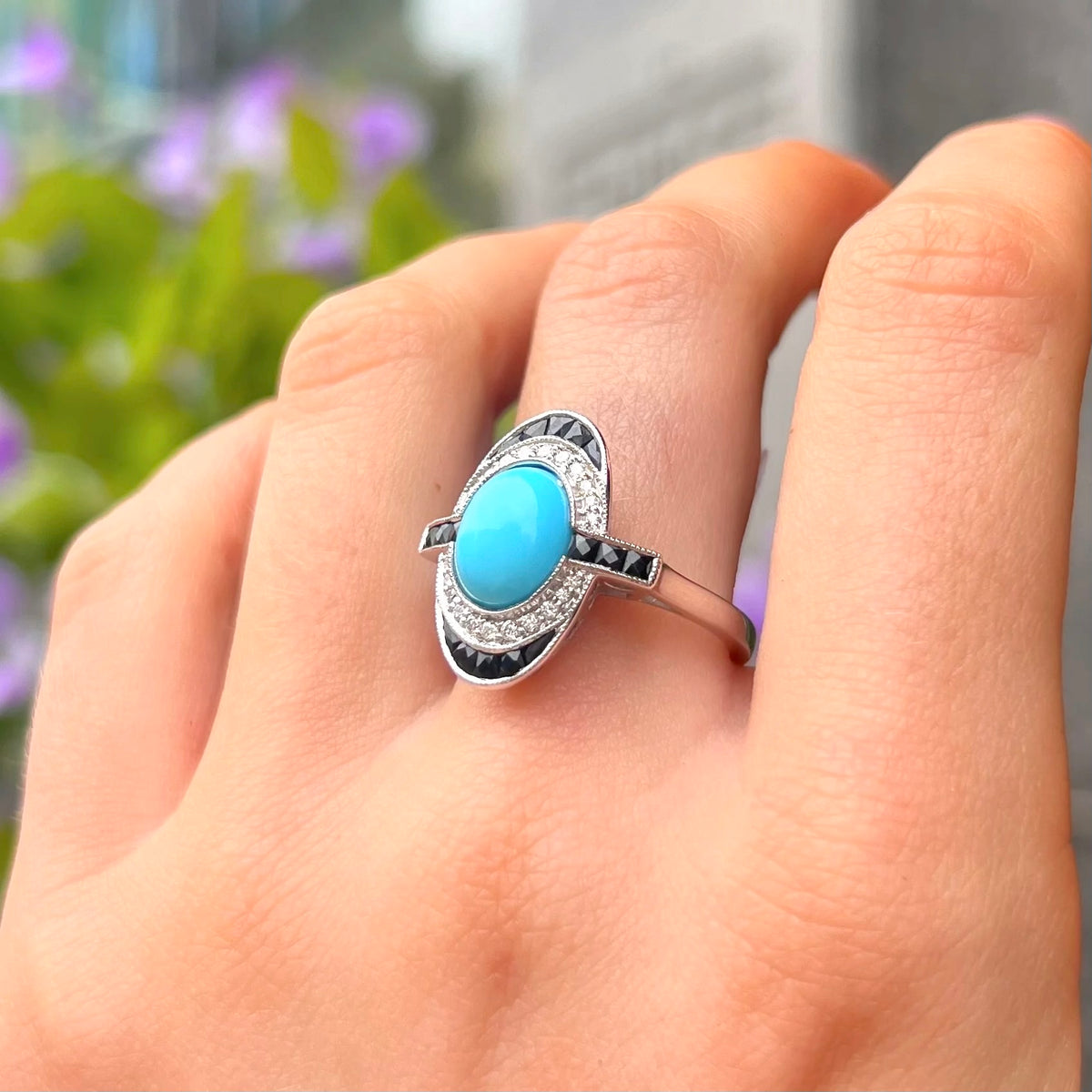 Turquoise, Onyx and Diamond 18ct Yellow Gold Ring | Size O