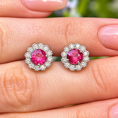 Ruby and Diamond 18ct White Gold Halo Stud Earrings