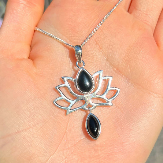 Sterling Silver Black Onyx Lotus Flower Necklace