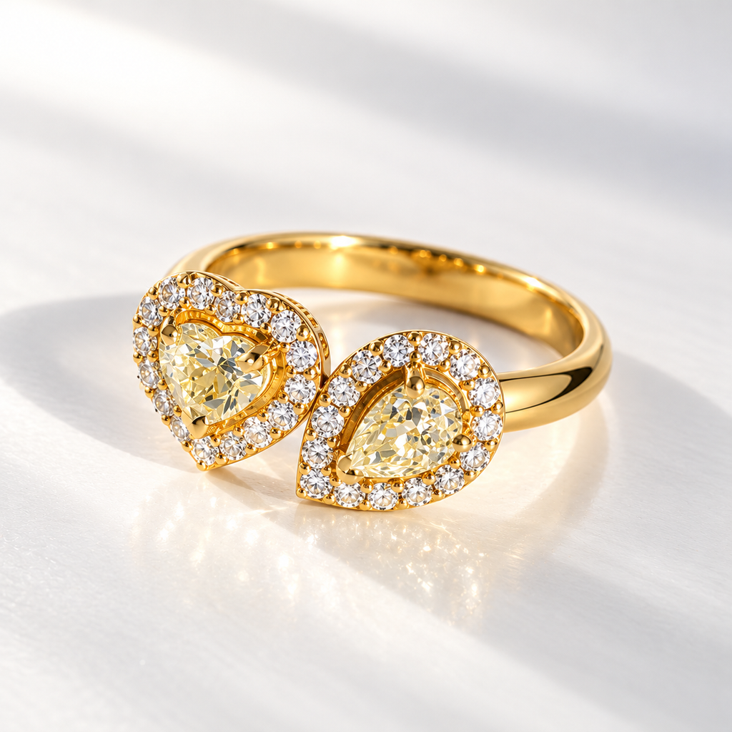 'The Lovers' Natural Yellow Diamond 18ct Yellow Gold Heart & Pear Cut Toi et Moi Ring | Size M ½