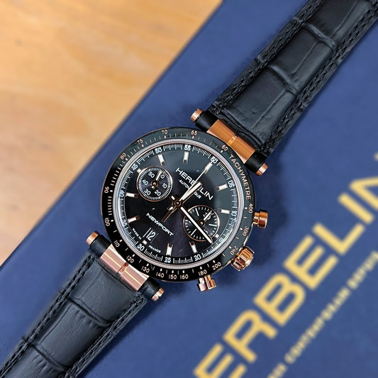 Herbelin Newport Heritage Chronograph Limited Edition (42mm) Black Dial / Black Leather Strap Gent's Watch