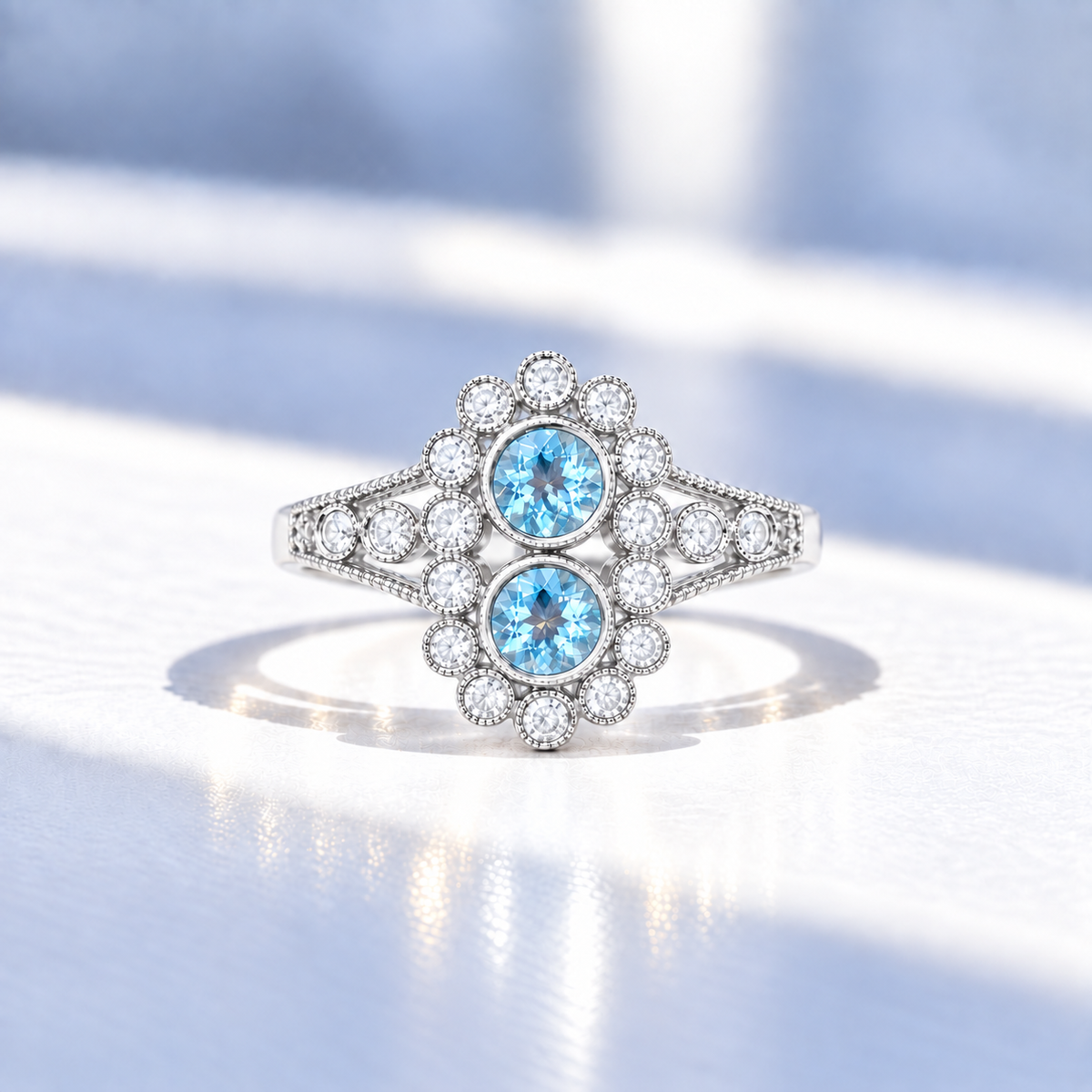 Aquamarine and Diamond 18ct White Gold Edwardian Reproduction Ring | Size N ½