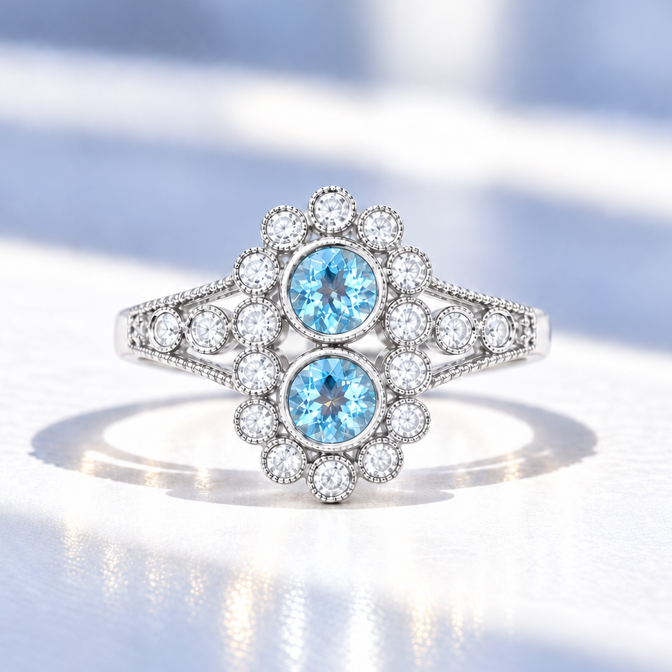 Aquamarine and Diamond 18ct White Gold Edwardian Reproduction Ring | Size N ½