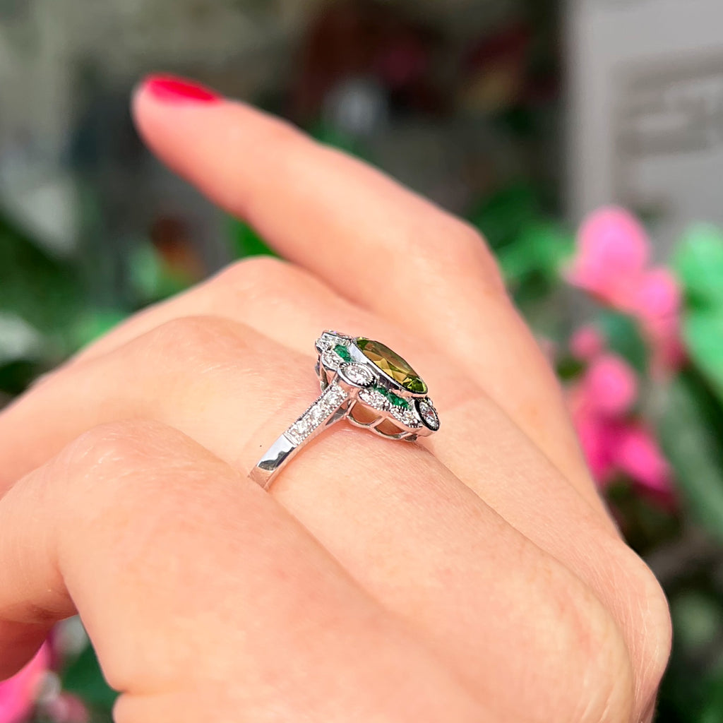 Art Deco Reproduction Peridot, Emerald and Diamond 9ct White Gold Ring | Size M ½