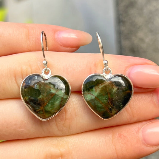 Sterling Silver Green Agate Heart Drop Earrings