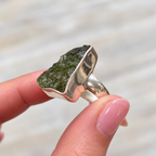 Rough Cut Green Moldavite Sterling Silver Ring | Size M