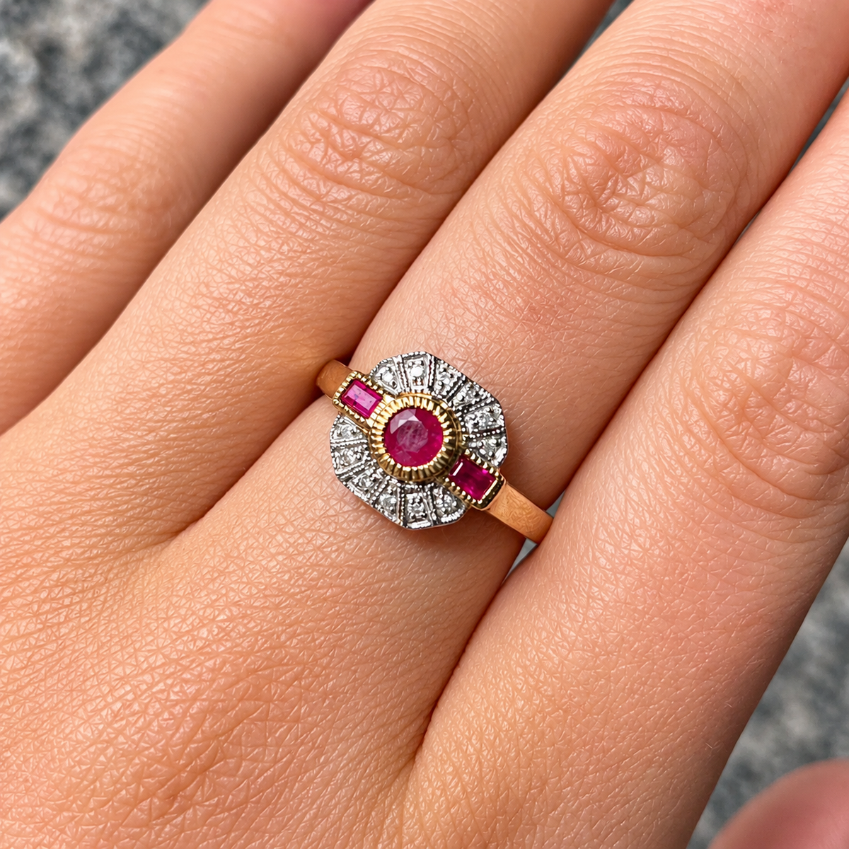 Ruby and Diamond Art Deco Reproduction 9ct Yellow Gold Ring | Size N
