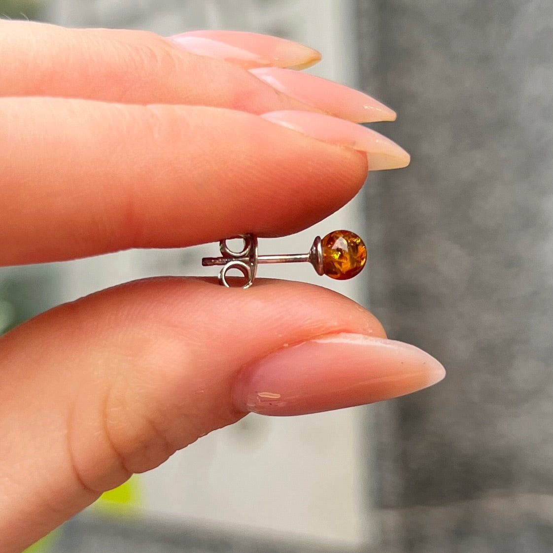 Sterling Silver Orange Amber Small Ball Stud Earrings