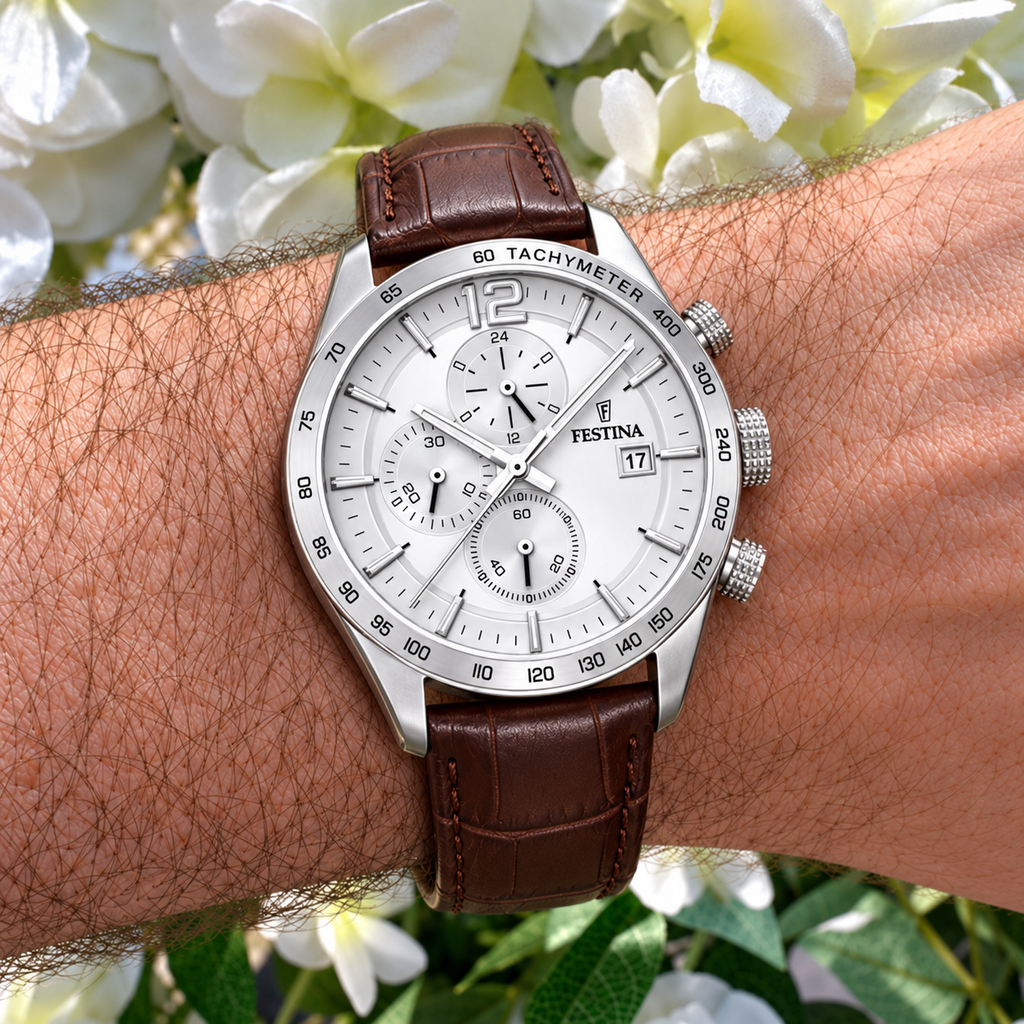 Festina | Timeless Chronograph Brown Leather White Dial Watch | Gents