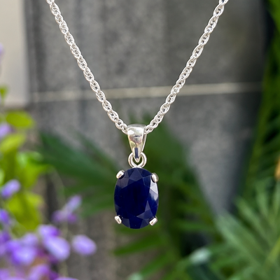 Chunky Oval Cut Claw Set Blue Sapphire Sterling Silver Pendant & Chain