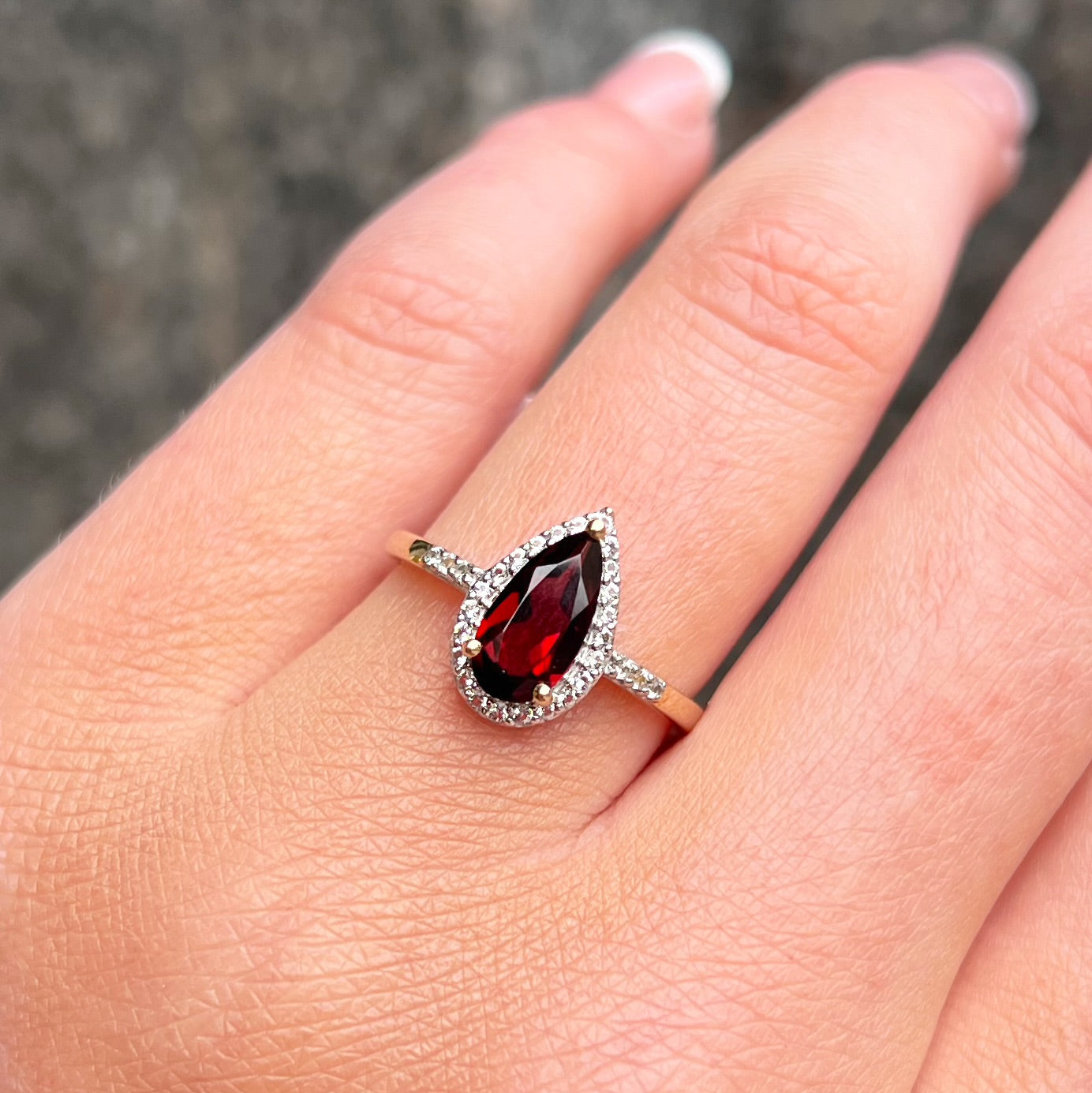 Timeless 9ct Yellow Gold Pear Shaped Garnet and Diamond Halo Ring - Size N