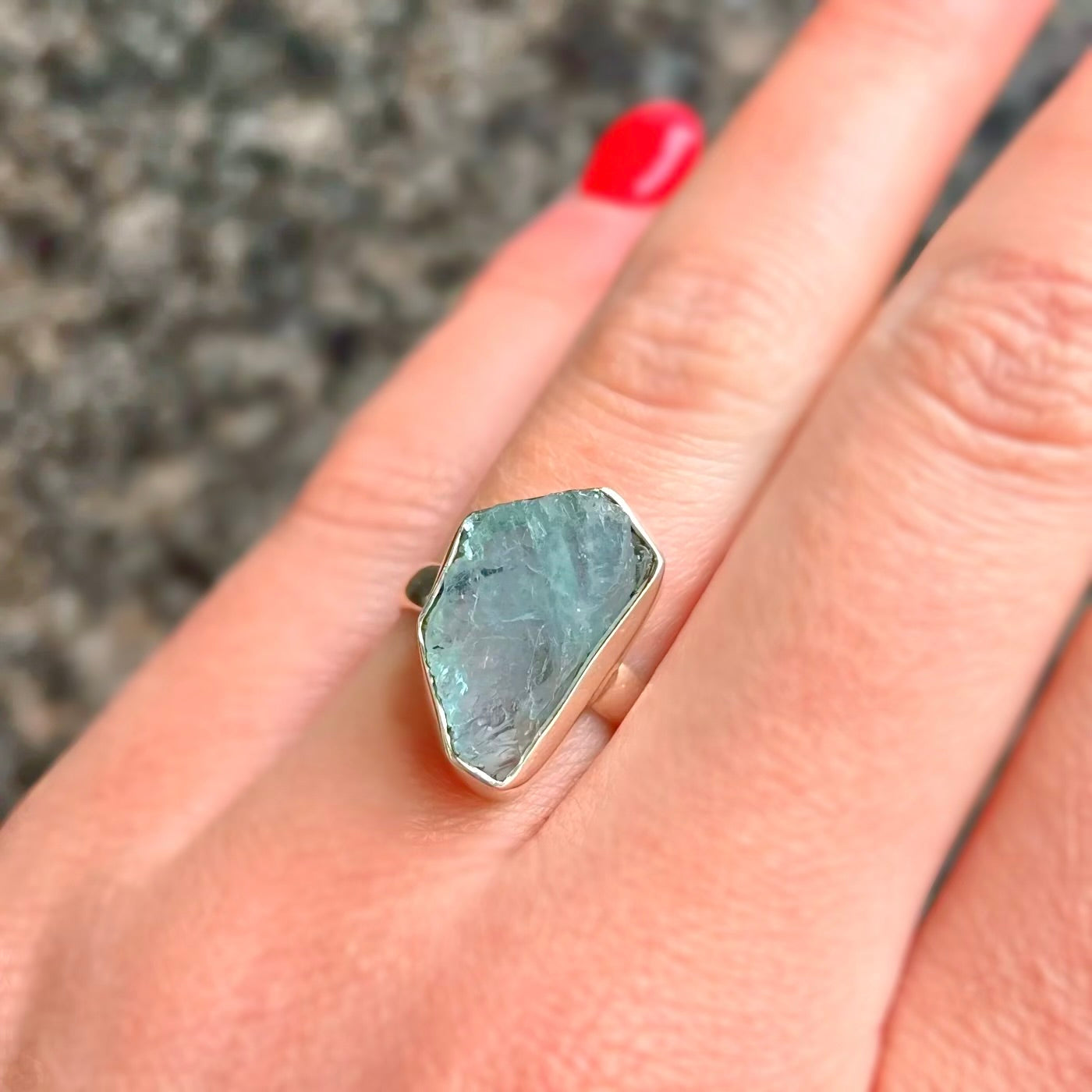 Sterling Silver Raw Aquamarine  Ring - Size K