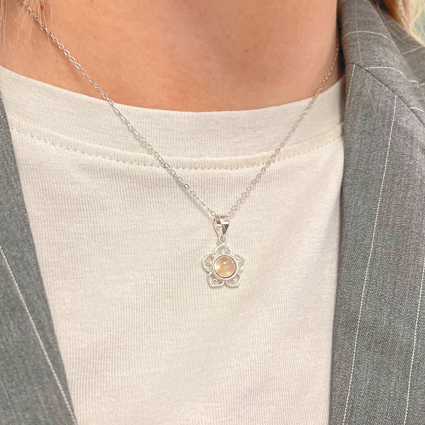 Pink Rose Quartz Sterling Silver Flower Necklace