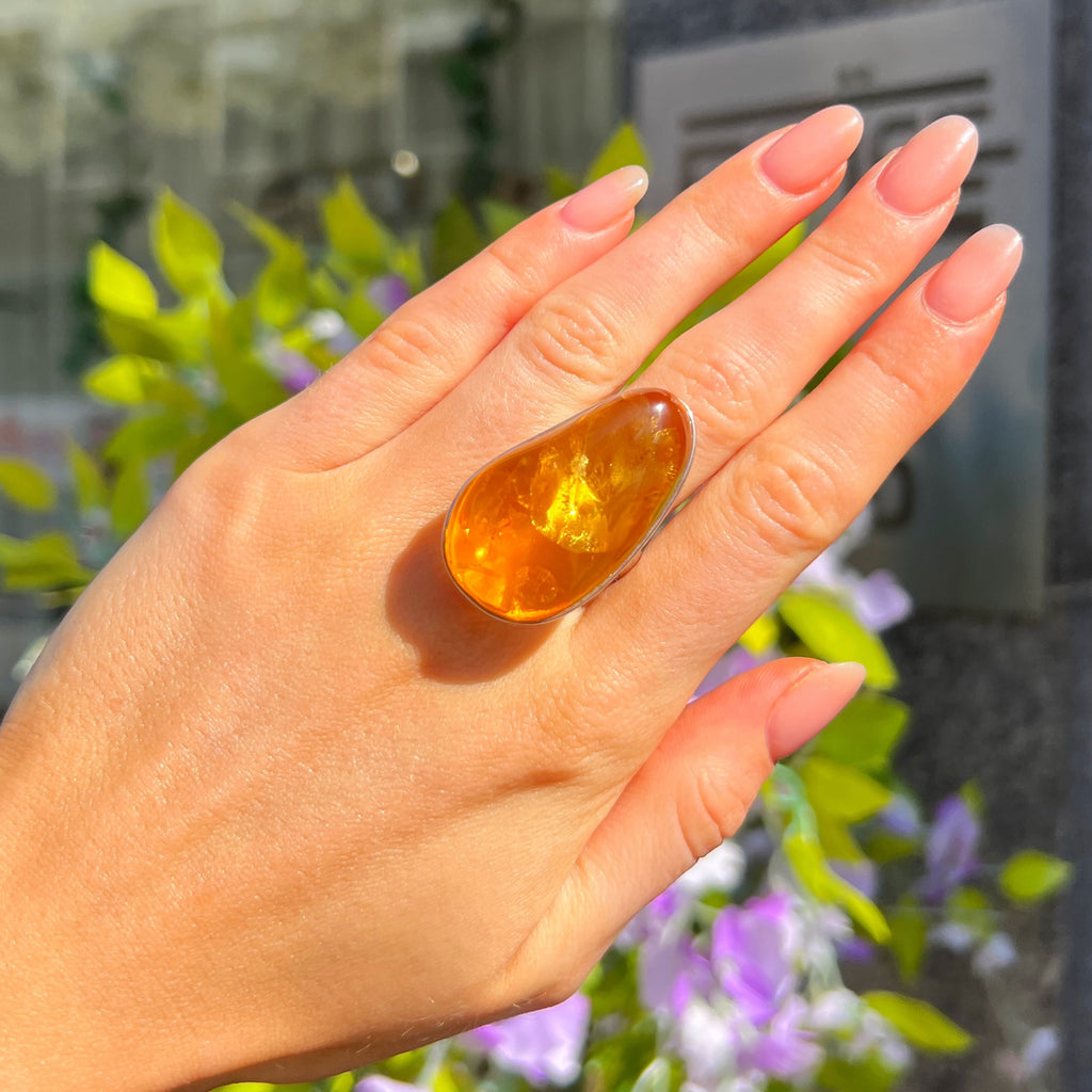 Orange Amber Sterling Silver Super Chunky Ring | Size R