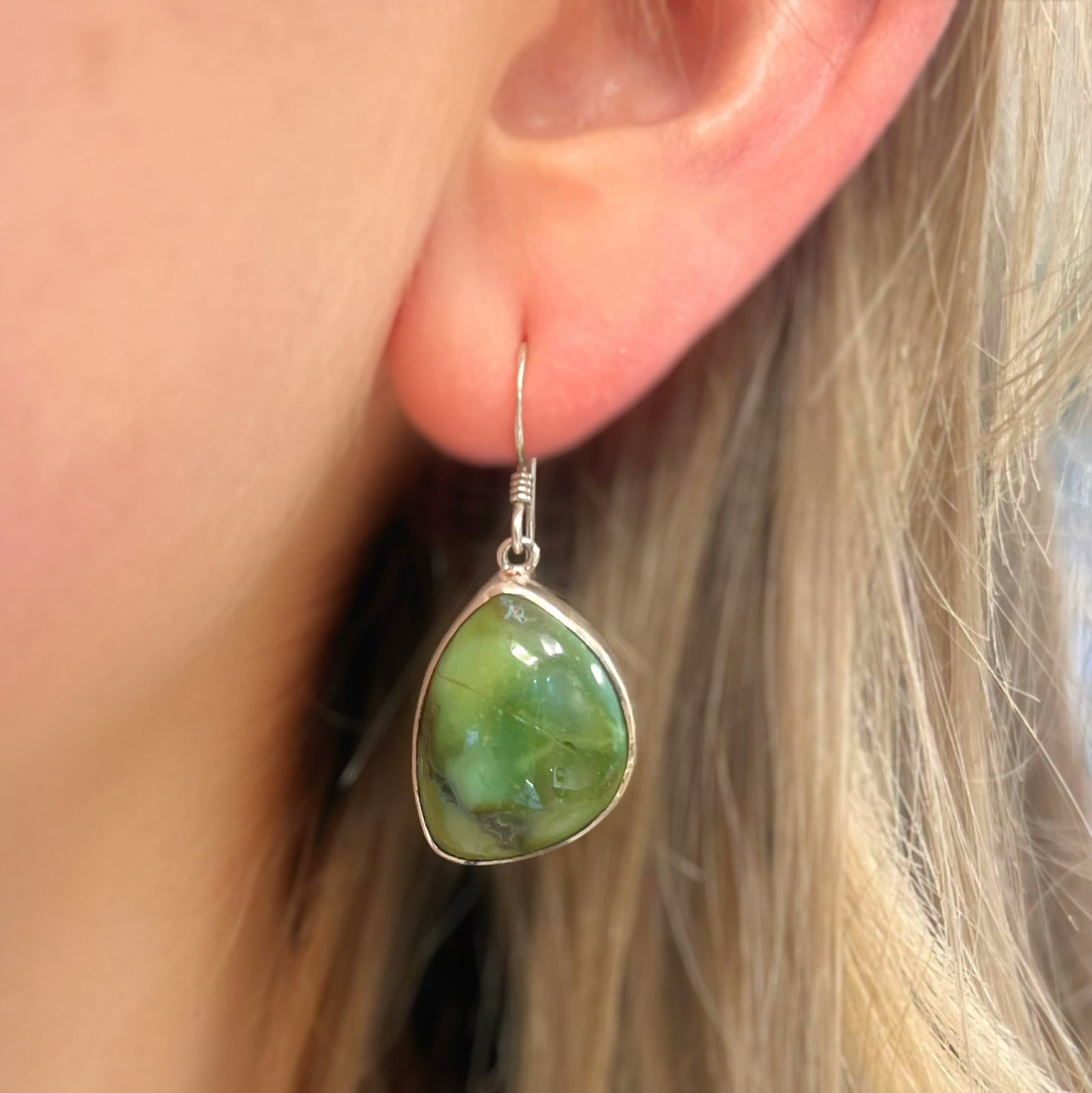 Unusual Sterling Silver Irregular Shaped Green Turquoise Drop Earrings