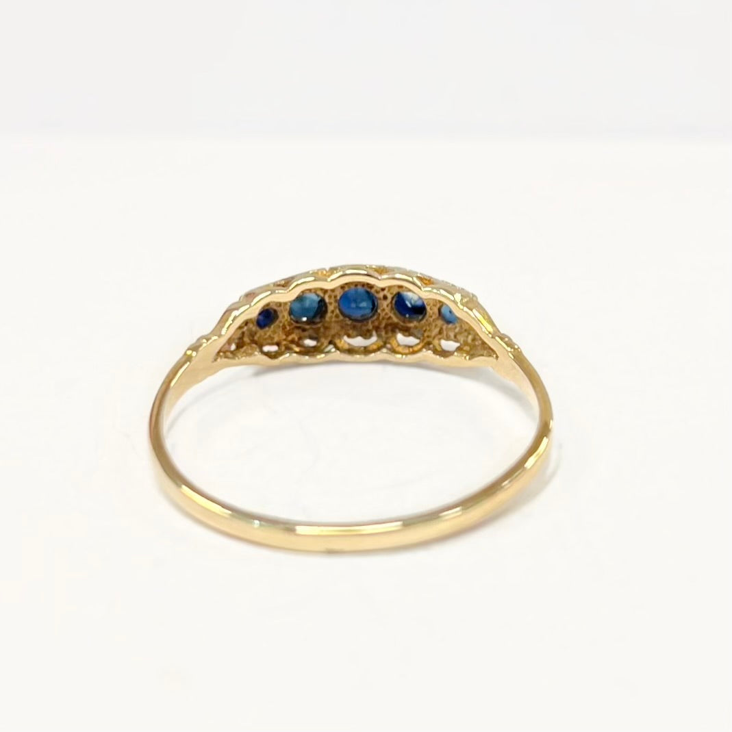 Vintage 9ct Yellow Gold Edwardian Inspired 5 Stone Sapphire Ring - Size Q