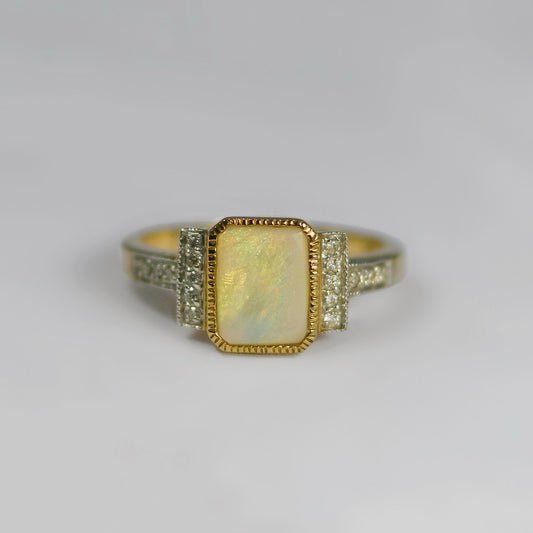 Structured Designer Inspired 9ct Yellow Gold Opal and Diamond Ring – Size K