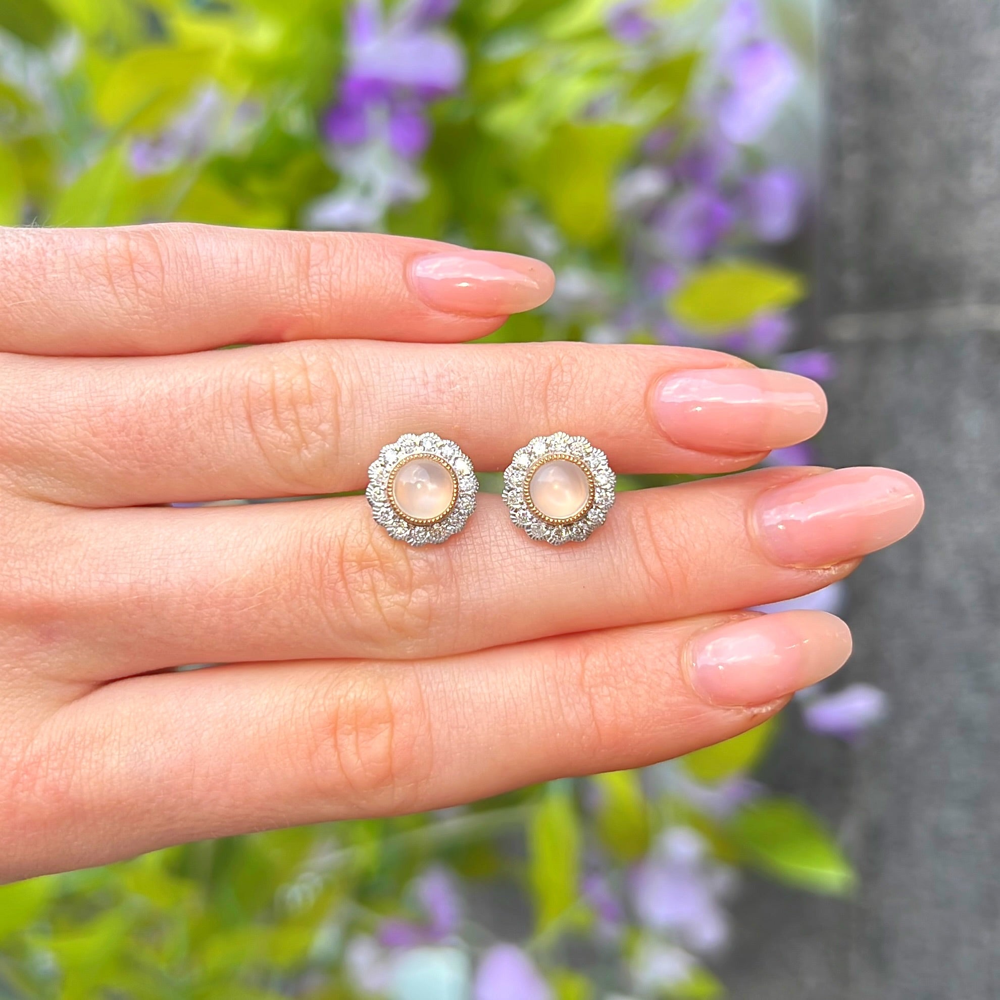Moonstone and Diamond 9ct Gold Cluster Stud Earrings