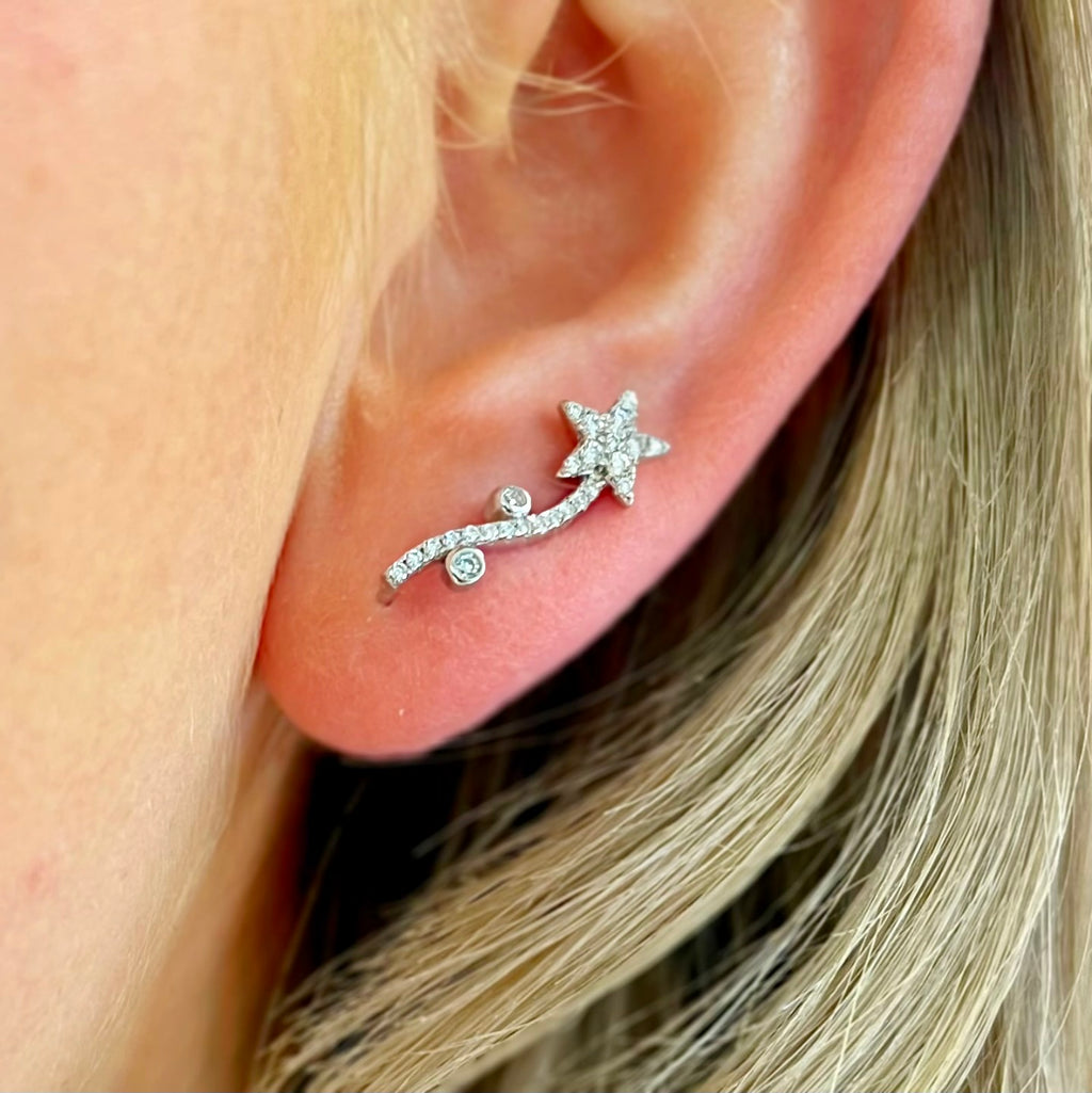 Cubic Zirconia Sterling Silver Shooting Star Stud Earrings