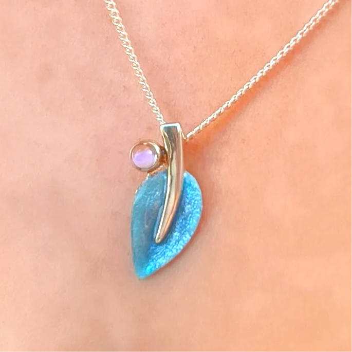 Pre-Order | Sterling Silver Sheila Fleet Blue Enamel Small Leaf Cubic Zirconia Necklace
