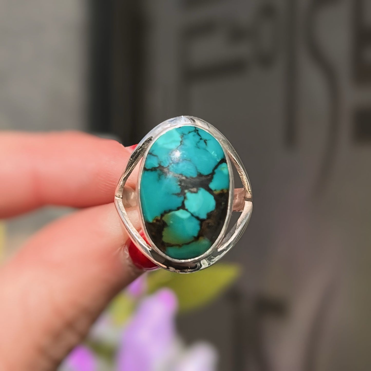 Contemporary Sterling Silver Turquoise Ring - Size P ½