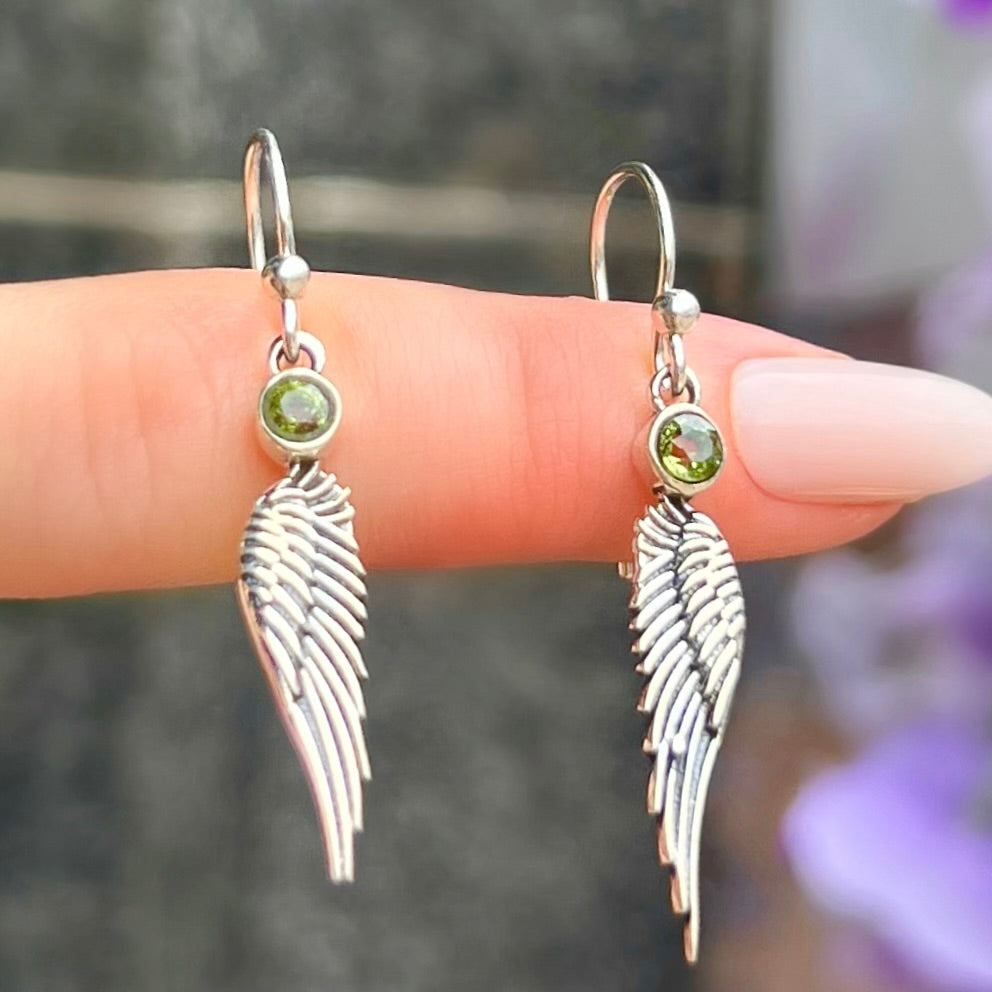 Dainty Sterling Silver Feather Wing Green Peridot Drop Earrings