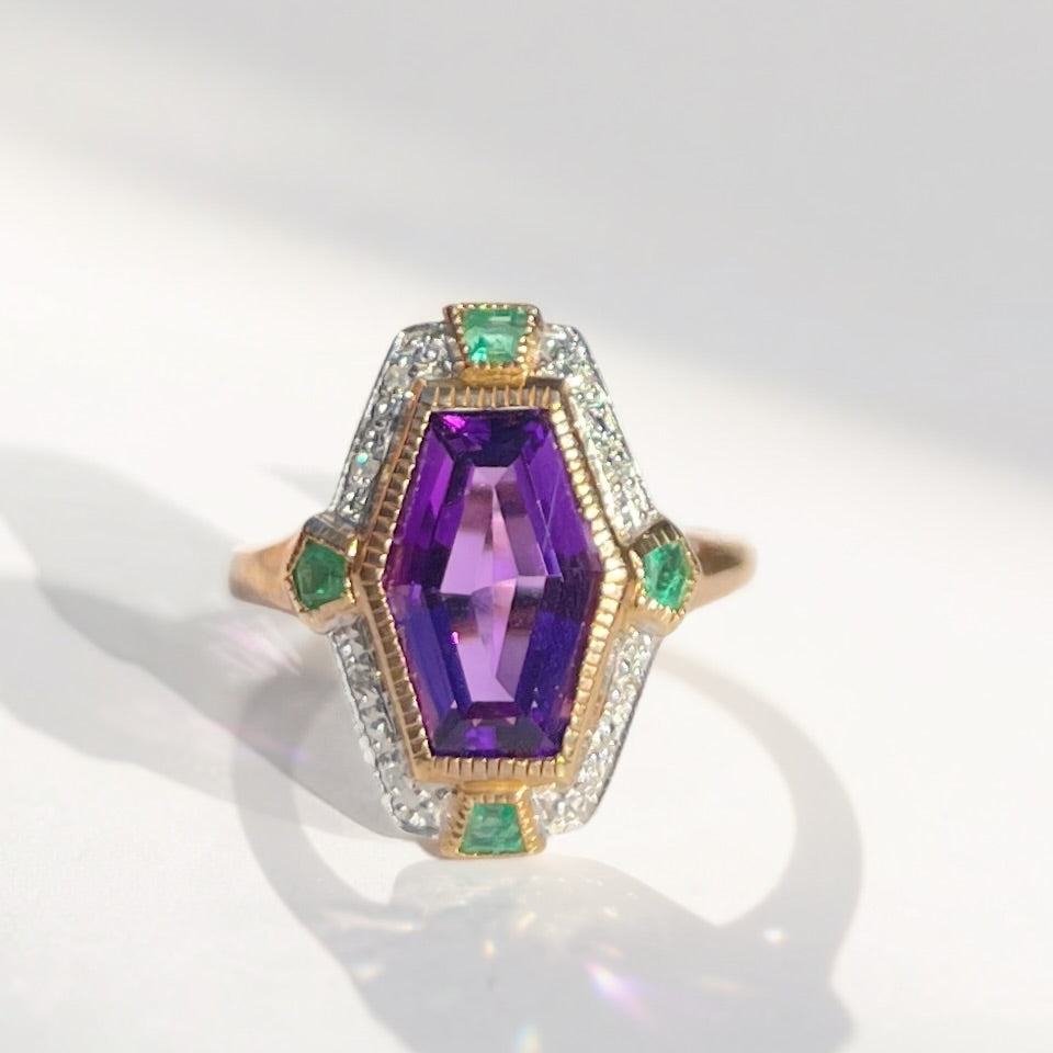 Art Deco Reproduction Amethyst Emerald and Diamond 9ct Yellow Gold Ring | Size N