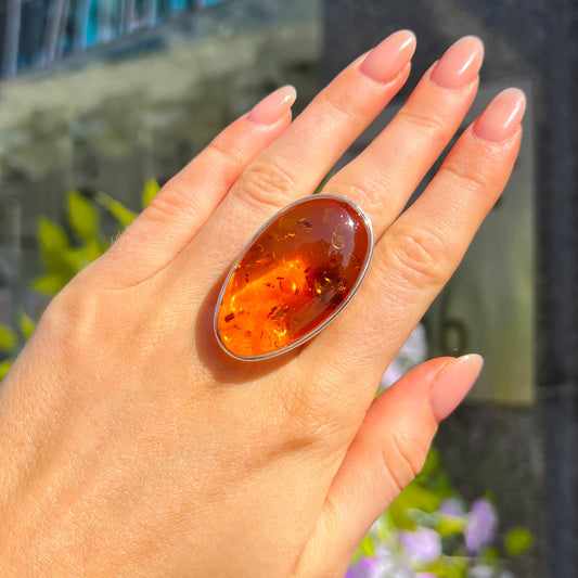 Super Chunky Sterling Silver Orange Amber Ring - Size U