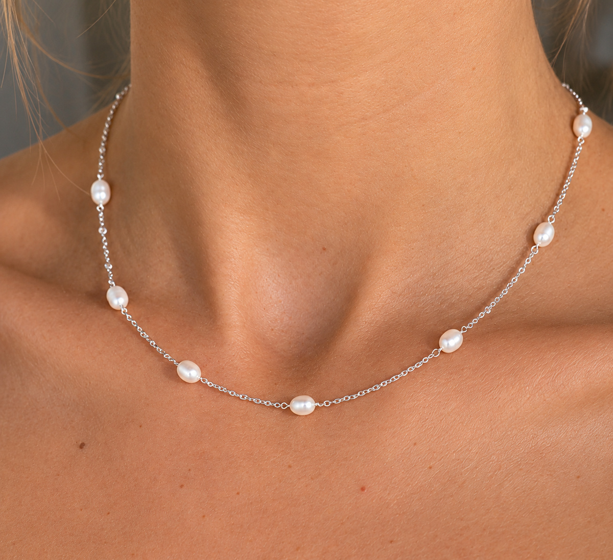 Pearl Sterling Silver Layering Dainty Station Necklace