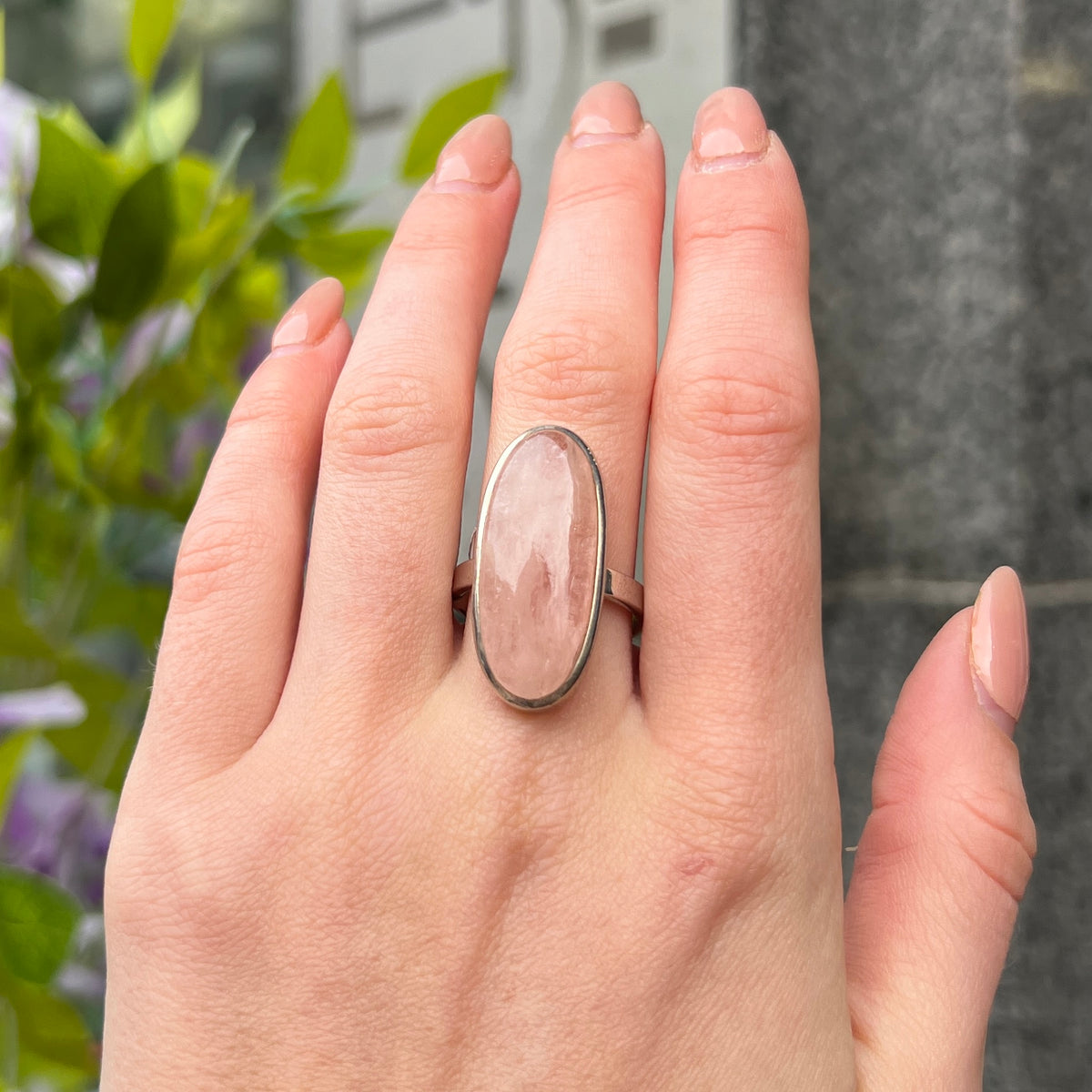 Large Oval Cut Rose Quartz Sterling Silver Ring | Adjustable