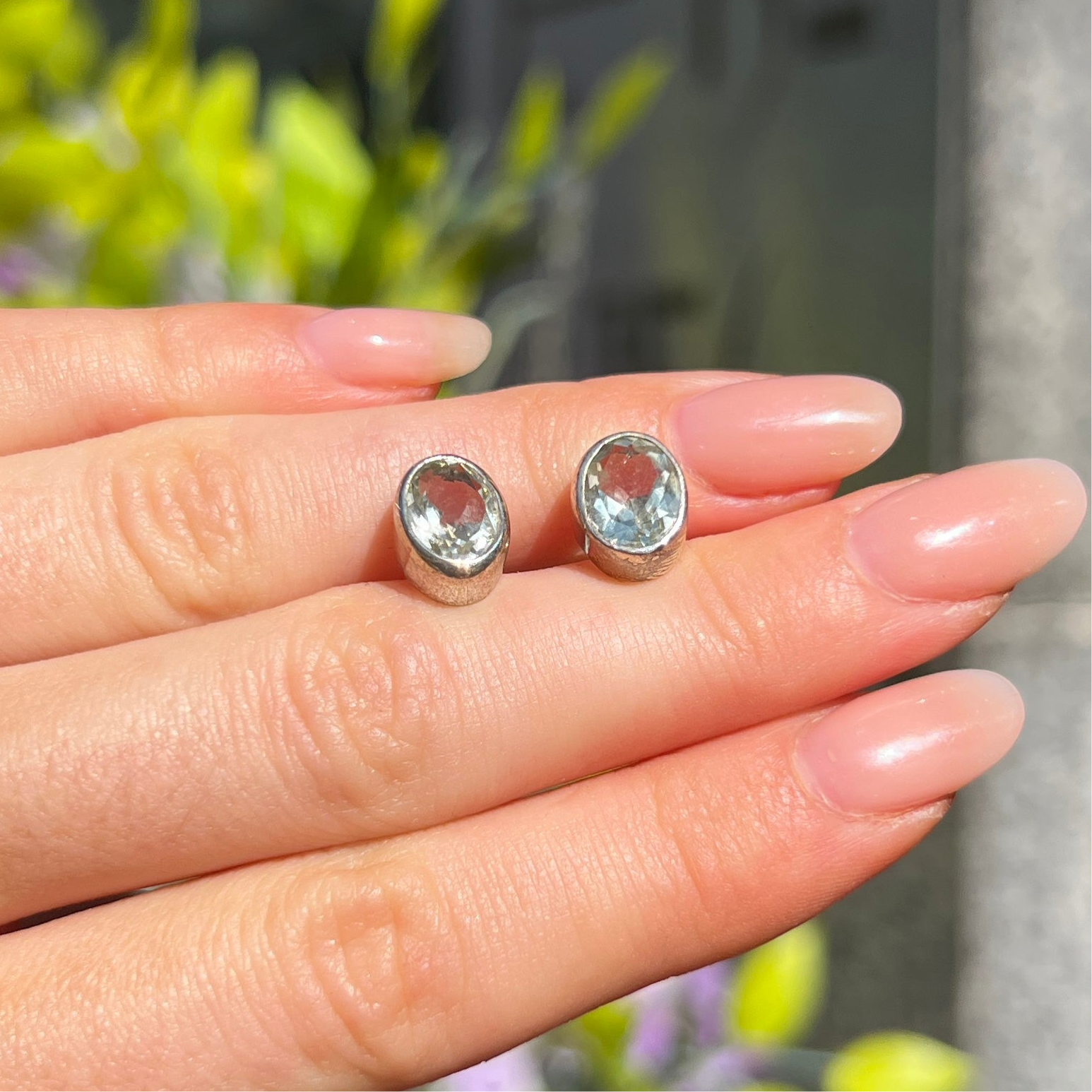Sage Green Amethyst Sterling Silver Oval Stud Earrings