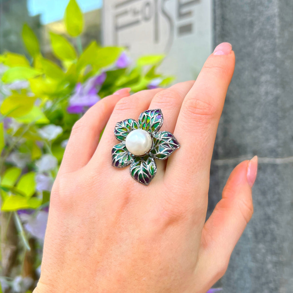 Pearl and Green/Purple Ombre Enamel Sterling Silver Ring | Size O