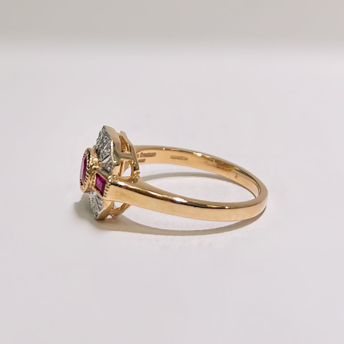 Ruby and Diamond Art Deco Reproduction 9ct Yellow Gold Ring | Size N