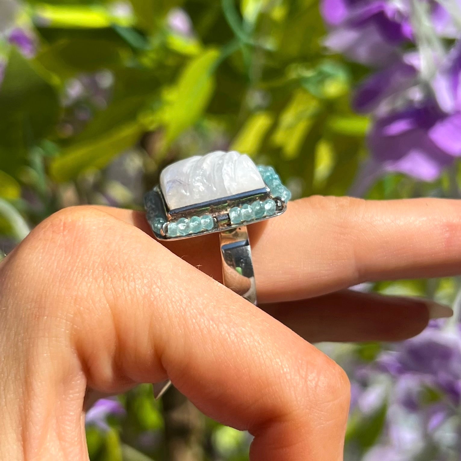 Square Rainbow Moonstone & Aquamarine Beaded Bohemian Ring | Adjustable Size