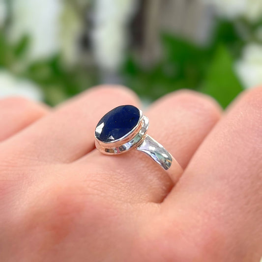 Minimalist Sterling Silver Bezel Set Blue Sapphire Ring - Size U