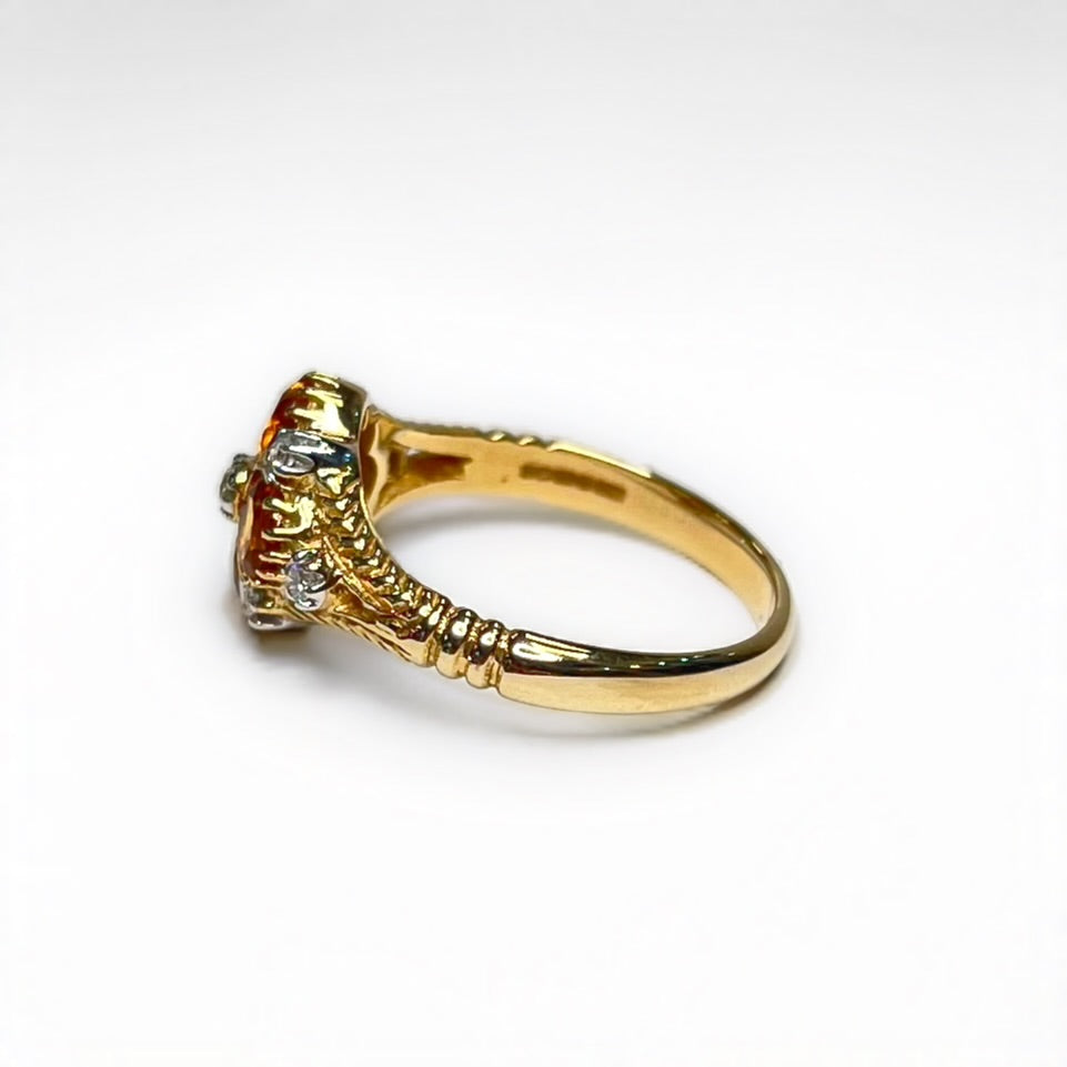 Victorian Inspired 9ct Yellow Gold Citrine and Diamond Forget-me-not Ring - Size M 1/2