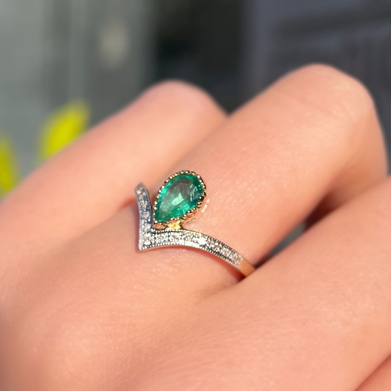 'Ariel' Ring - 9ct Yellow Gold Emerald and Diamond Wishbone Size N ½