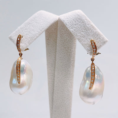 Diamond & Large Baroque Pearl 18ct Rose Gold Drop Earrings