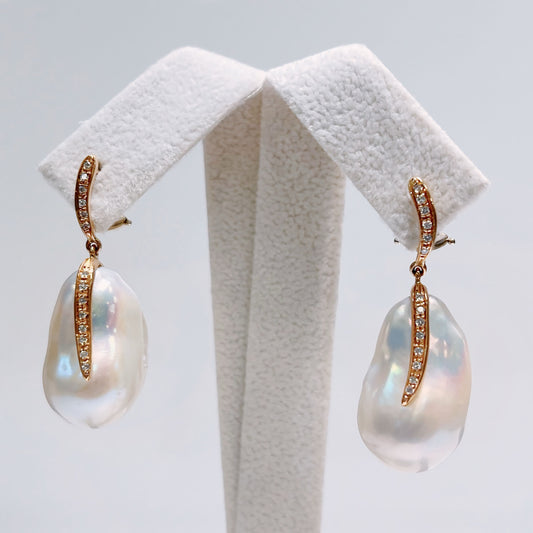 Large White Baroque Pearl Set In 18ct Rose Gold With Diamonds Earrings