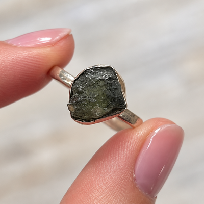 Rough Cut Green Moldavite Sterling Silver Ring | Size N
