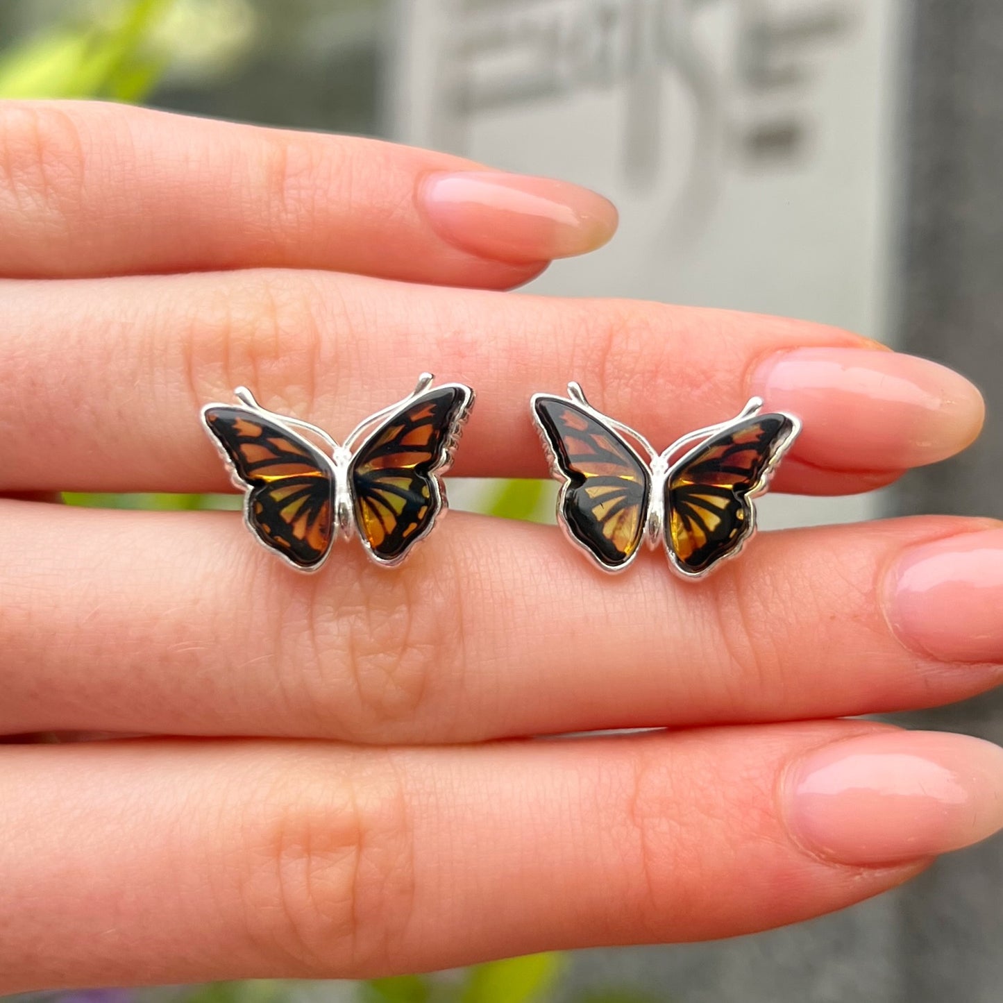 Sterling Silver Orange Amber Butterfly Design Stud Earrings