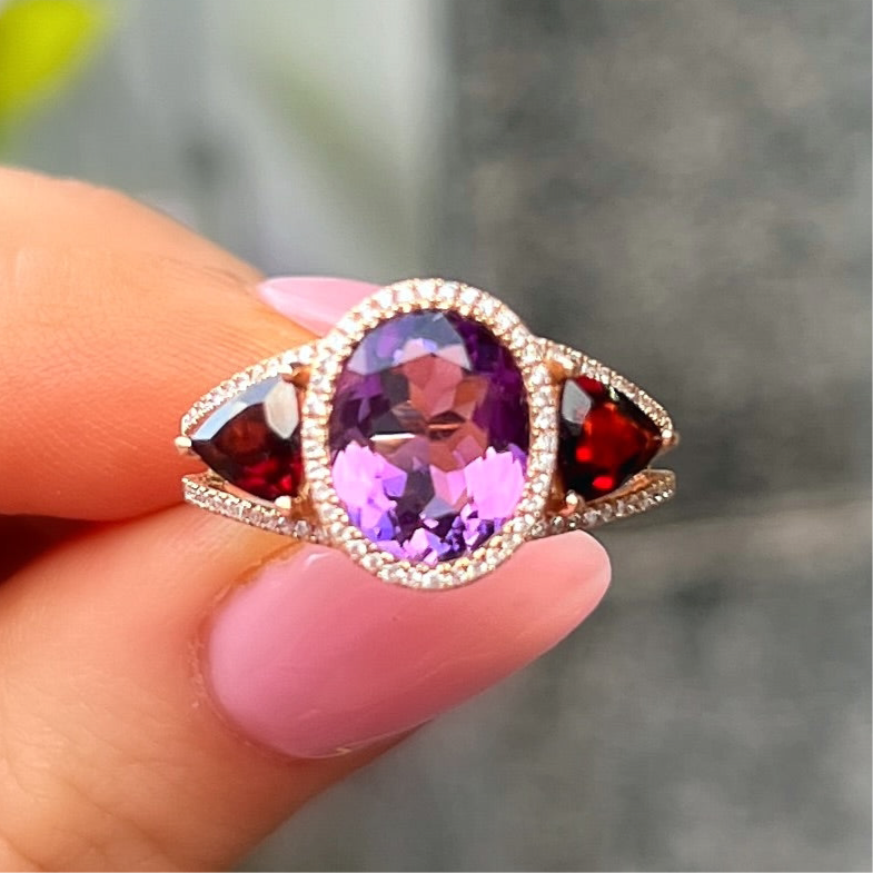 18ct Rose Gold Purple Amethyst, Red Garnet and Diamond Ring - Size M