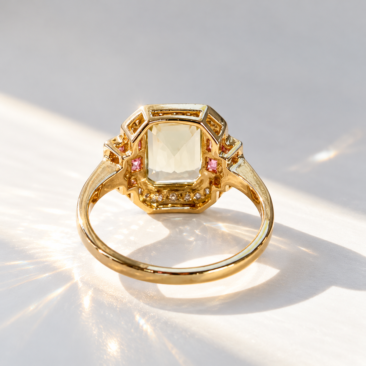 Art Deco Inspired Green Amethyst and Pink Tourmaline 9ct Yellow Gold Ring