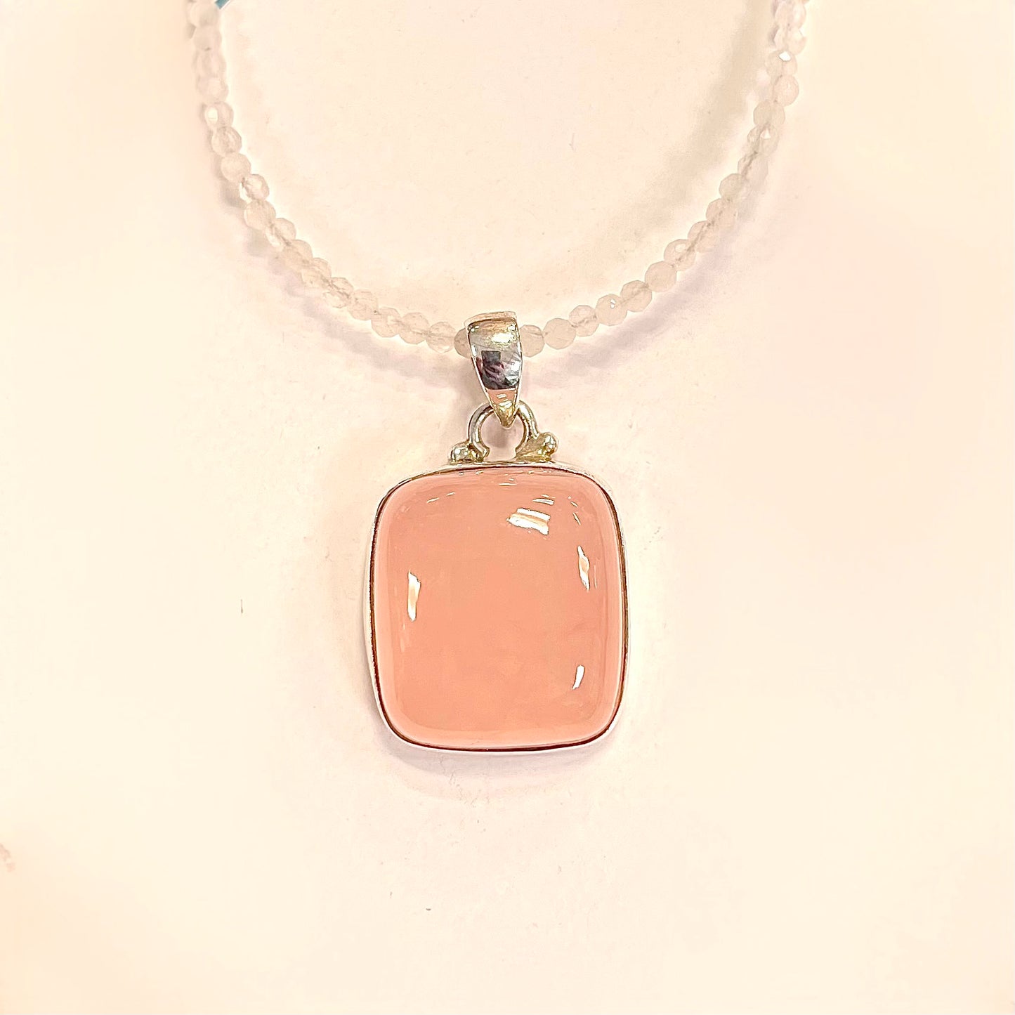 Sterling Silver Pink Square Rose Quartz Beaded Necklace