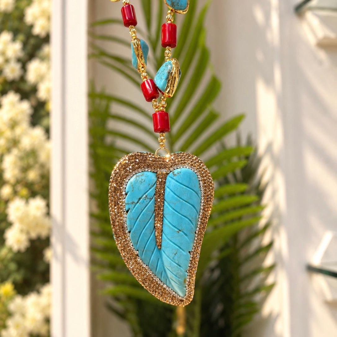 Red Coral & Turquoise 18ct Yellow Gold Plated Beaded Leaf Chunky Necklace