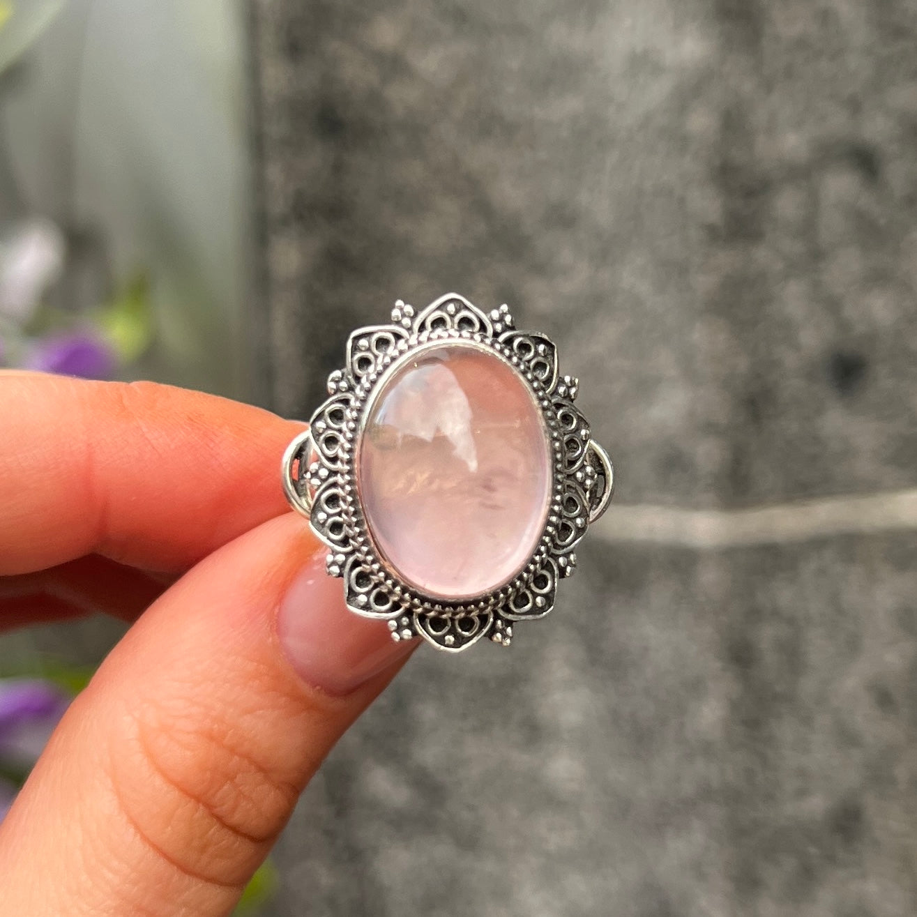 Chunky Bohemian Sterling Silver Cabochon Pink Rose Quartz Ring - Size N