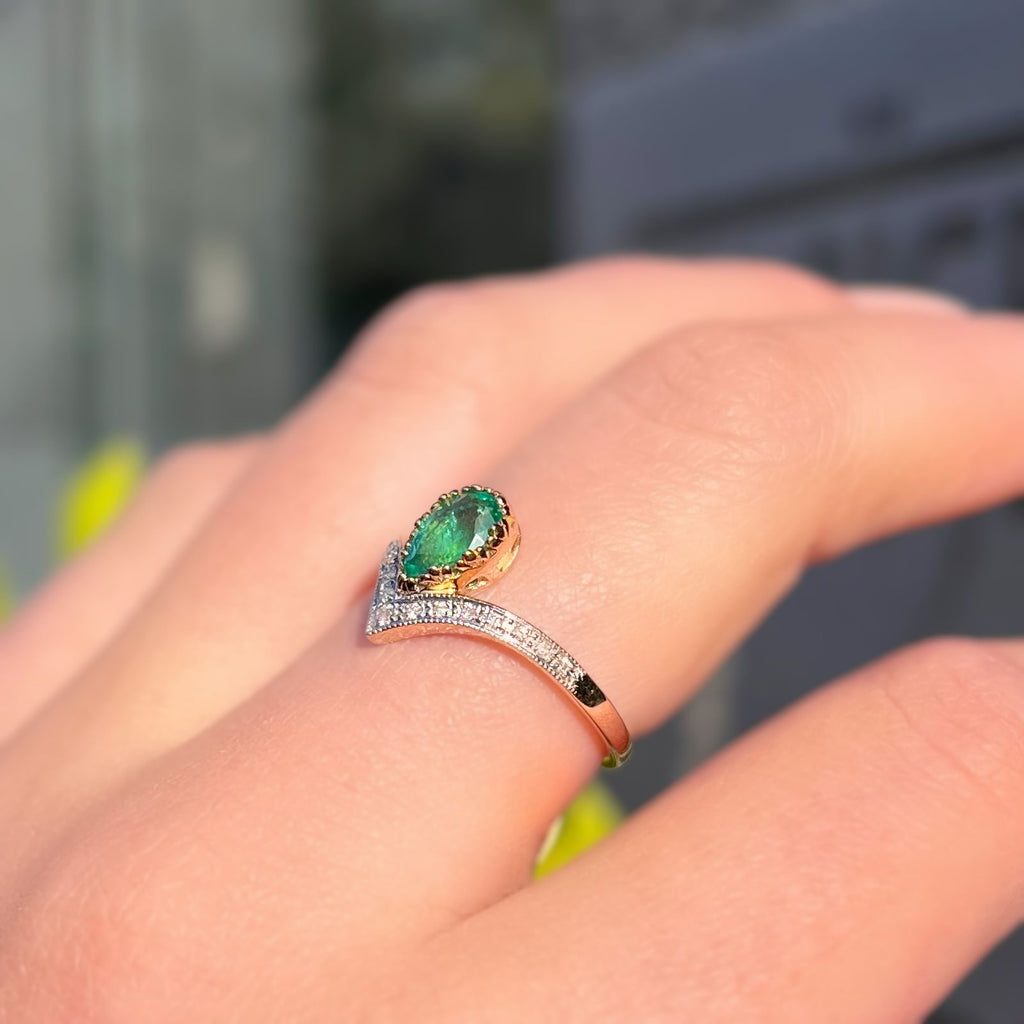 'The Ariel' Emerald and Diamond 9ct Yellow Gold Wishbone Ring | Size N ½