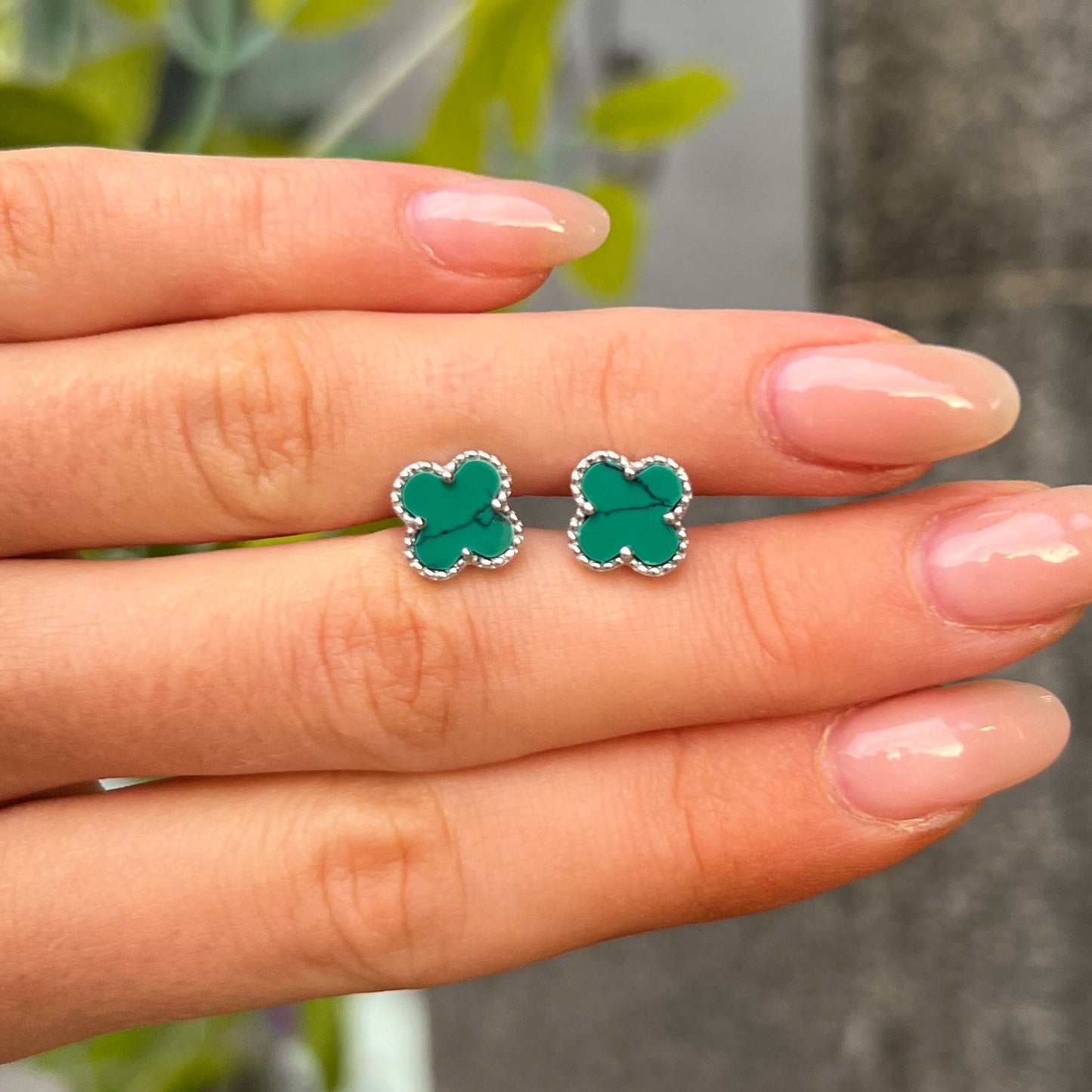 Sterling Silver Green Clover Stud Earrings