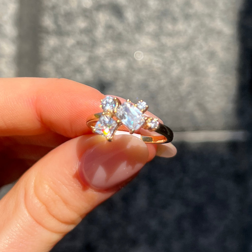 Asymmetric Cluster Cubic Zirconia 9ct Yellow Gold Ring | Size N